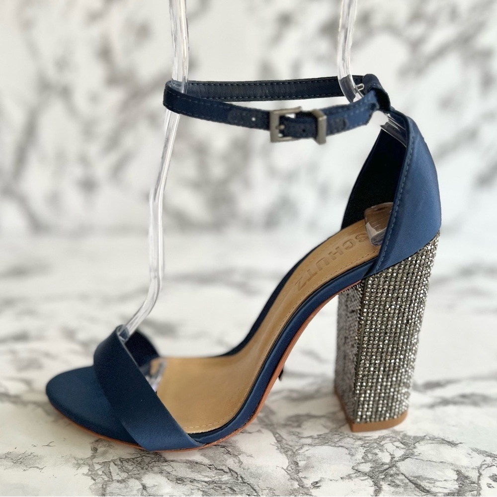 Schutz Hara Sandals Blue Satin Rhinestone Block Heel Ankle Strap 6 Cocktail Glam - Picture 13 of 17